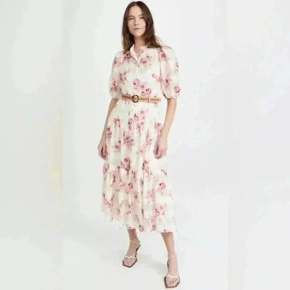 Zimmermann Rosa Midi Dress 2 US 8 M Silk Cotton Floral Stripe Tiered Belted Maxi - Picture 16 of 16